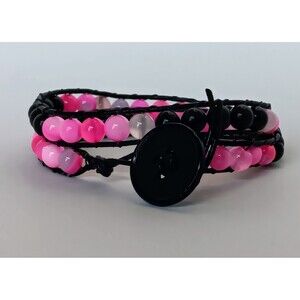 Pink Agate & Black Obsidian Leather Beaded Wrap Bracelet